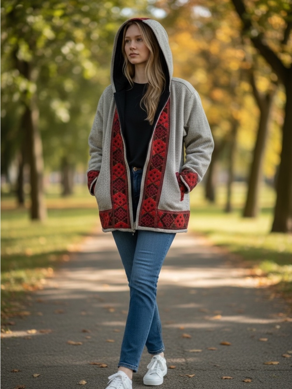 Rhea Red and Gray Tribal Look Unisex Bomber Jacket Front Zip Hoodie